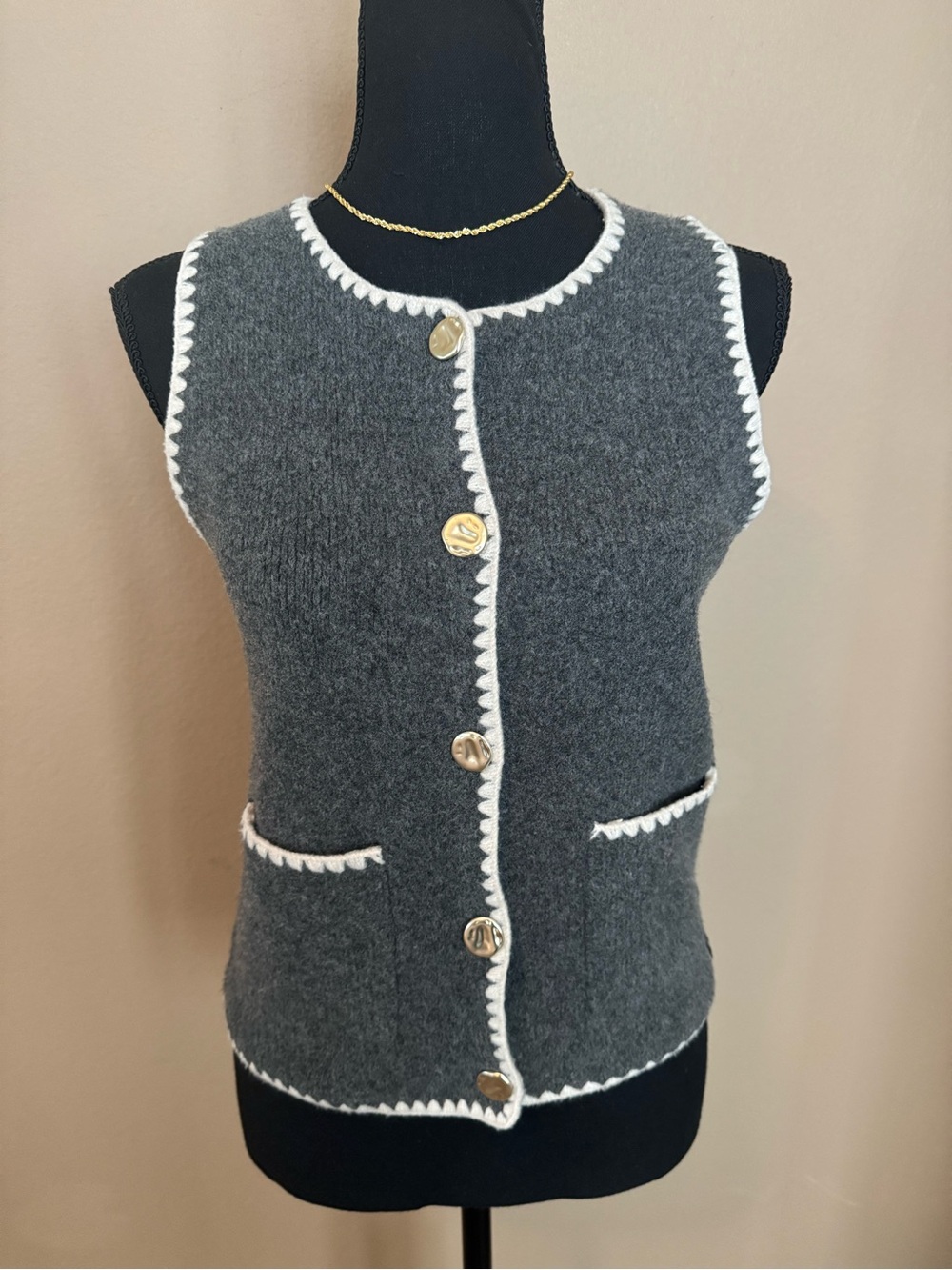 Song of Style Charcoal Gray Knit Button Vest with White Trim